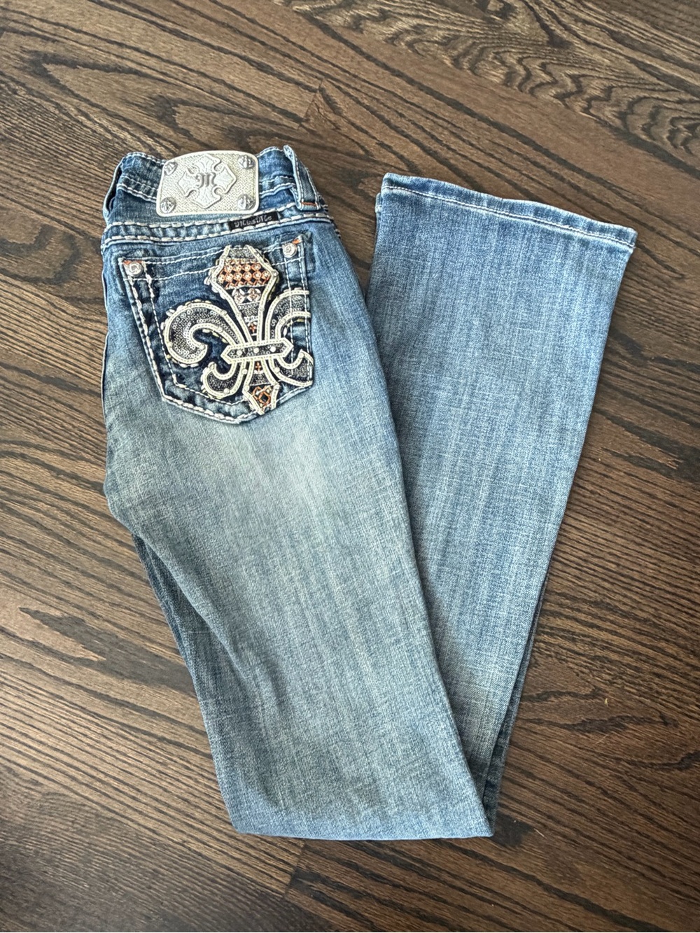 Miss Me Boot Cut Jeans with Embellished Fleur-de-Lis Pocket - Blue